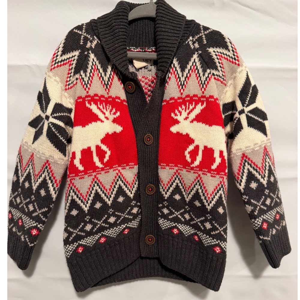 Hatley Kids Moose Fair Isle Shawl Collar Button Cardigan Sweater Red Gray 4